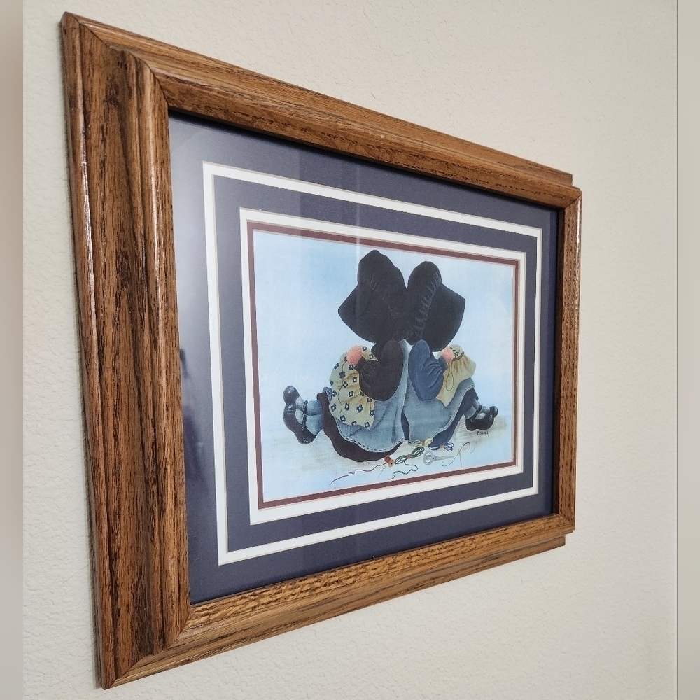 Vintage 1970s Holly Hobbie Style Framed Wall Art Print - Signed - Picture 7 of 8